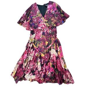 Maison Tara Floral Faux Wrap Midi Dress Sz 20W Elegant Flowy Office Party Brunch